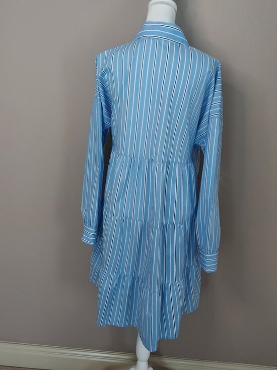 Tuckernuck Pomander Place Blue Stripe Tiered Cara Shirt Dress Size Medium - Picture 2 of 11
